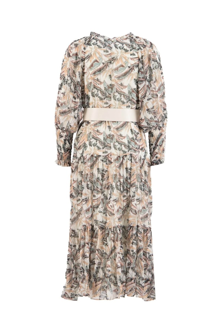 Haki Piliseli Ve Kemerli Floral Desen ElbiseST060S40106701