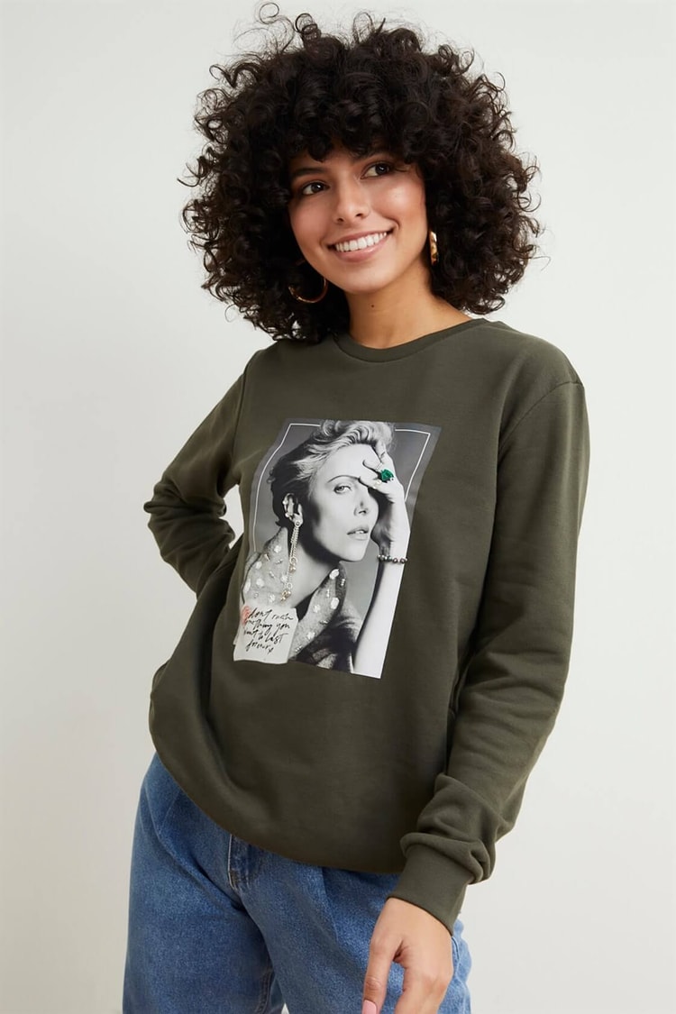 Haki Uzun Kollu Ve Baskılı SweatshirtST060W7209501