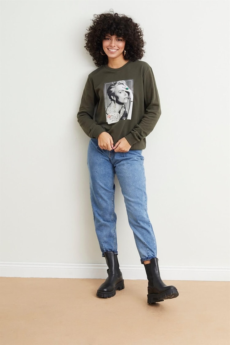 Haki Uzun Kollu Ve Baskılı SweatshirtST060W7209501