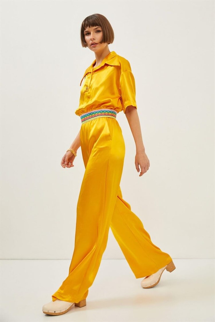 Hardal Beli Lastik Detaylı Bluz Palazzo Pantolon TakımST060S30762002