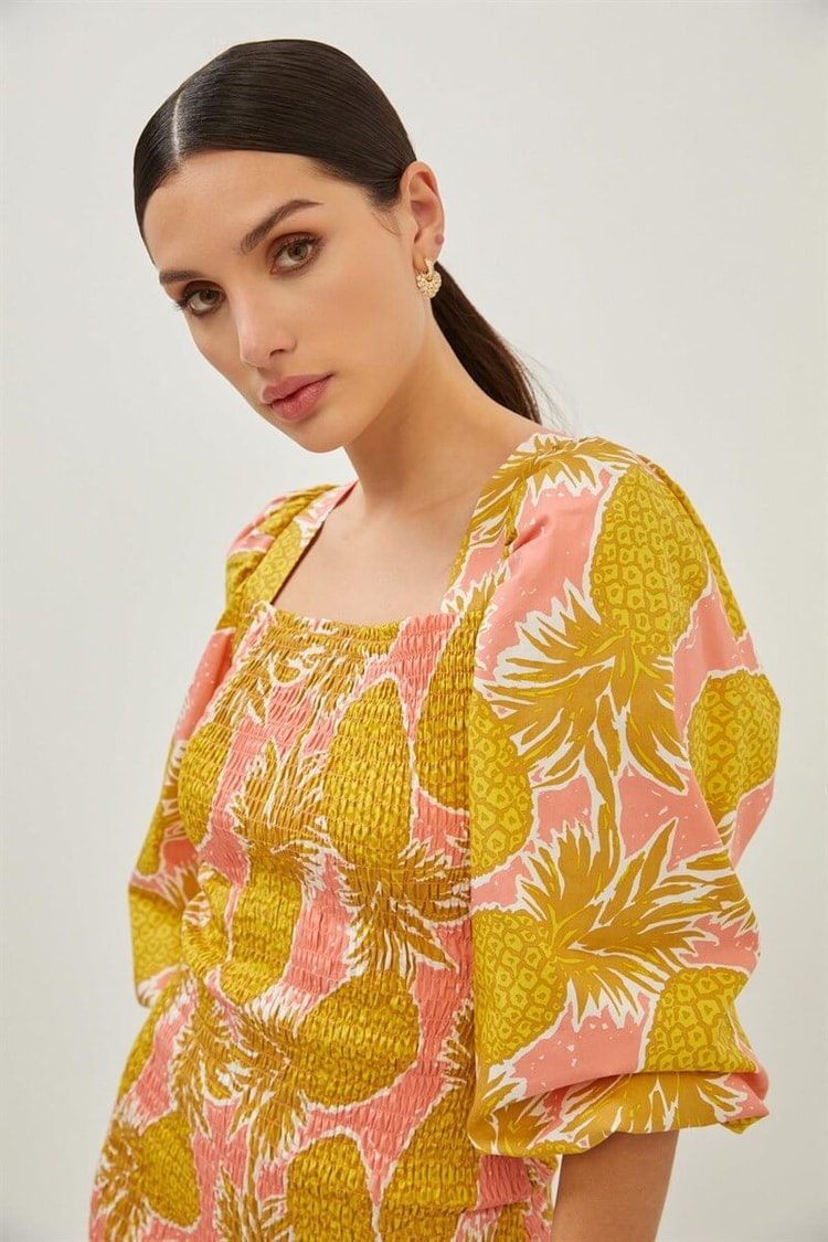 Hardal Floral Desen Balon Kollu Büzgülü Kısa ElbiseST070S40162501