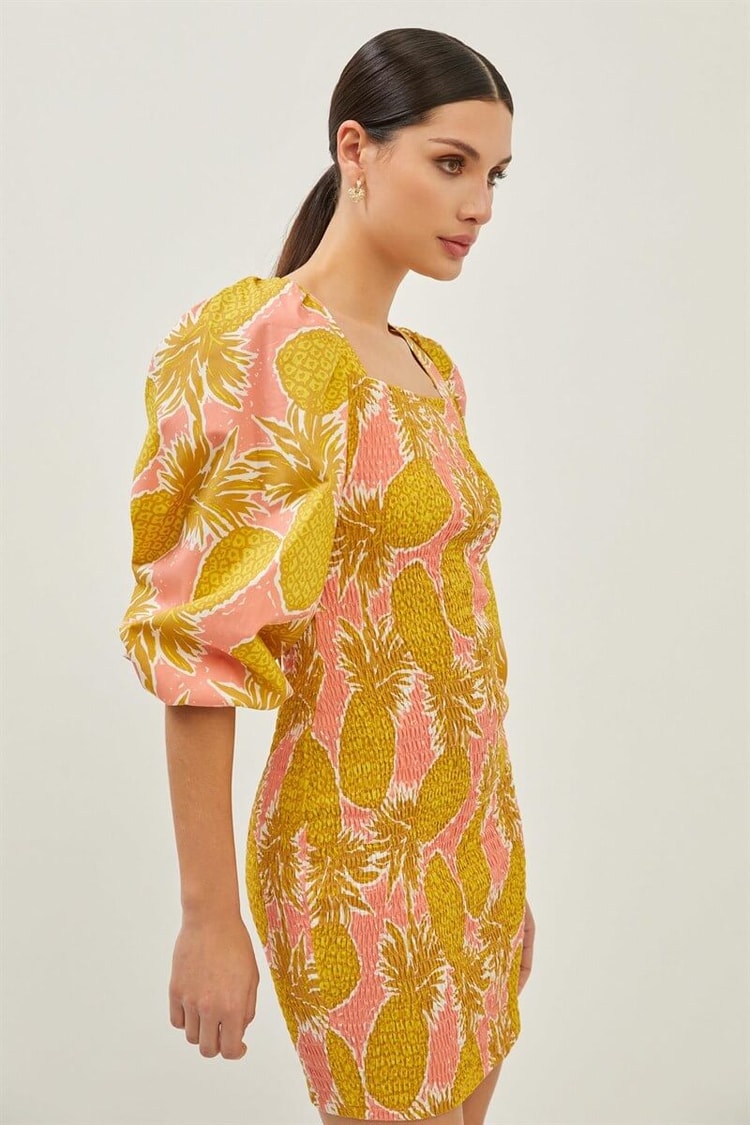 Hardal Floral Desen Balon Kollu Büzgülü Kısa ElbiseST070S40162501