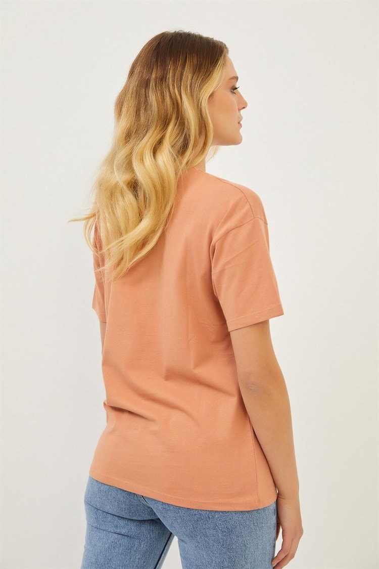 Kahve Bisiklet Yaka Baskılı T-ShirtST070S71283002