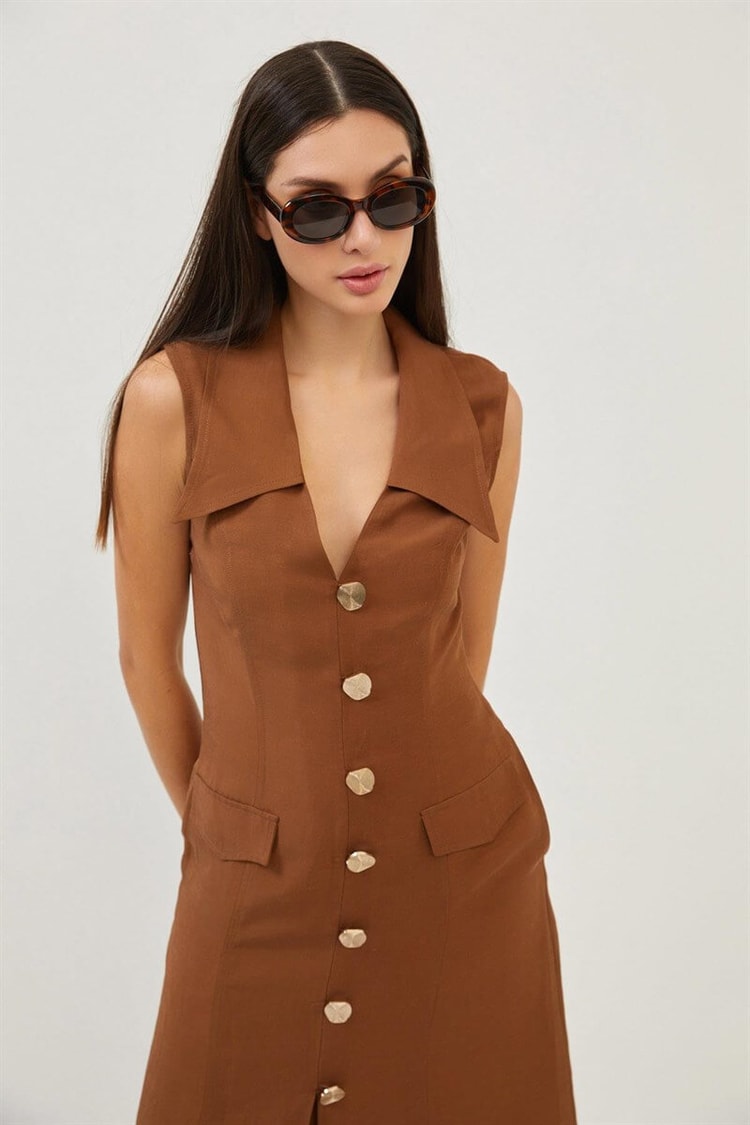 Kahve Düğme Ve Cep Detaylı Midi Boy ElbiseST070S40156101