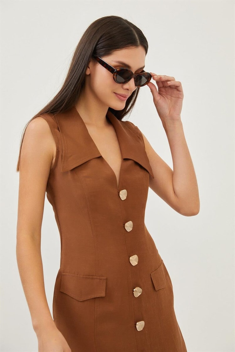 Kahve Düğme Ve Cep Detaylı Midi Boy ElbiseST070S40156101