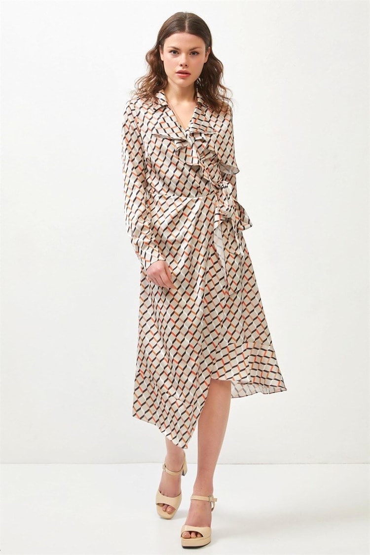 Kahve Geometrik Desen Midi ElbiseST060S40138501