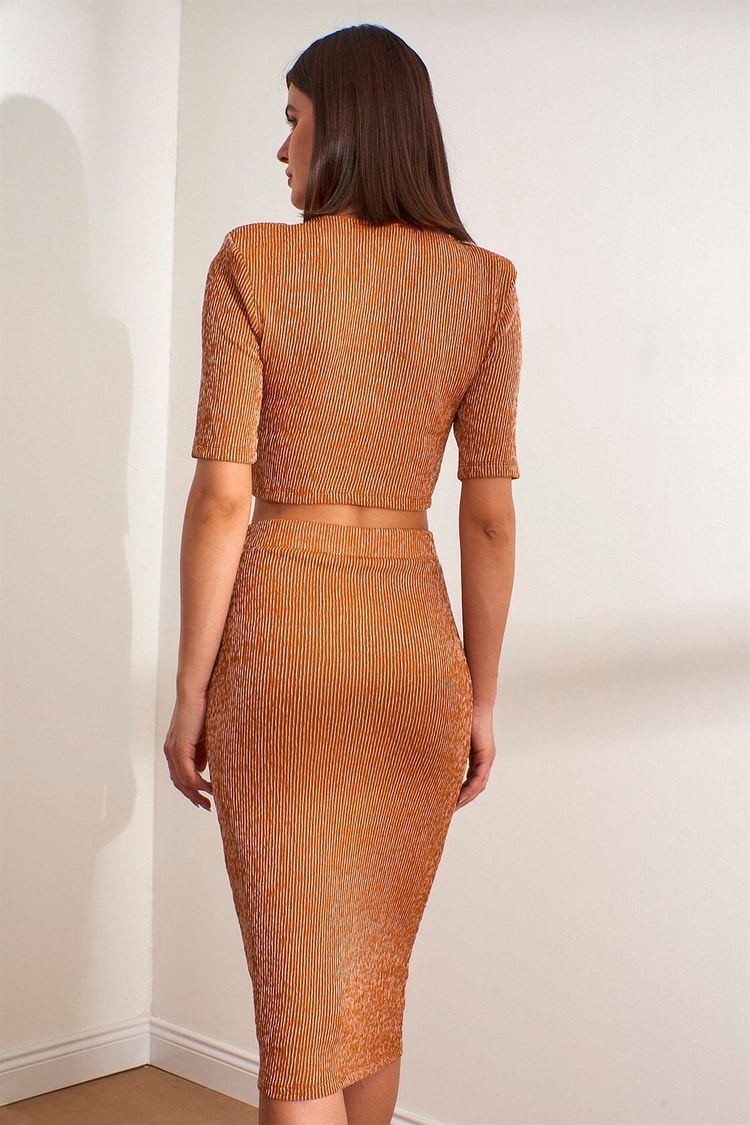 Kahve Kalem Etek Crop Bluz TakımST050W6104401