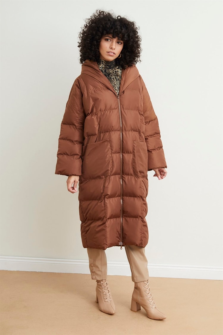 Kahve Kapüşonlu Uzun Puffer MontST050W6411401