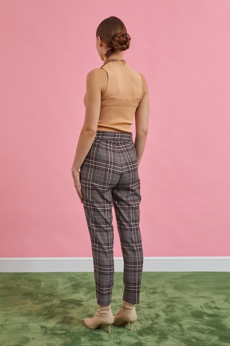 Kahve-Siyah Yüksek Bel Ekose PantolonST060W20625001