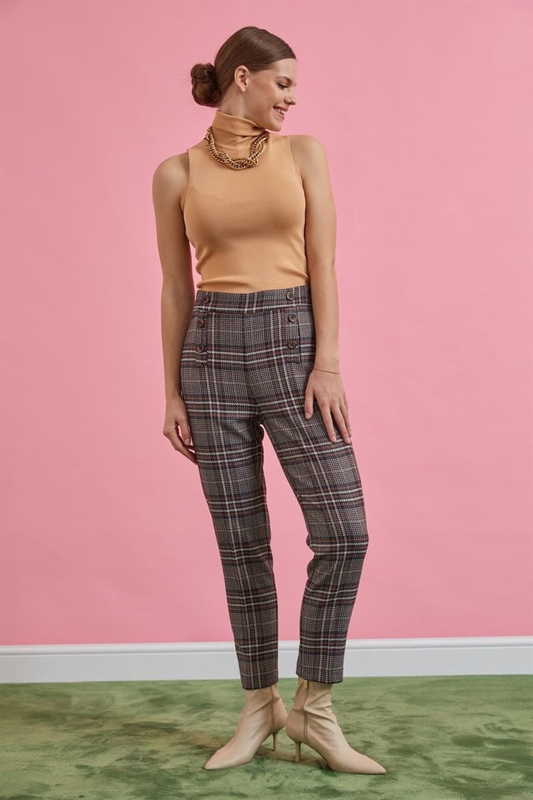 Kahve-Siyah Yüksek Bel Ekose PantolonST060W20625001