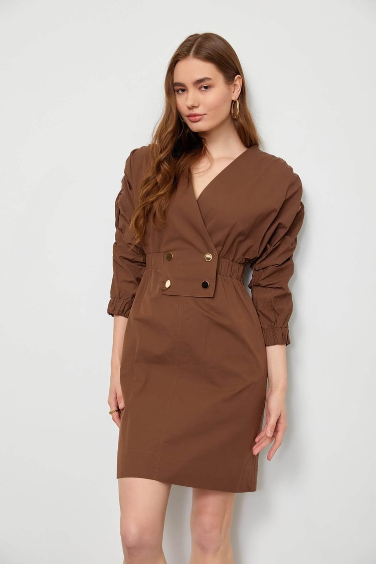 Kahve V Yaka Çıtçıtlı ElbiseST060S40106301