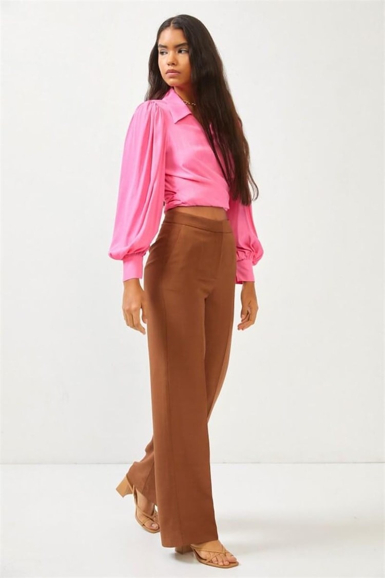 Kahve Yüksek Bel Bol Paça Kumaş PantolonST060S20592001