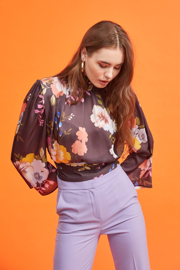 Kahverengi Floral Desen Vatkalı BluzST060S30586001