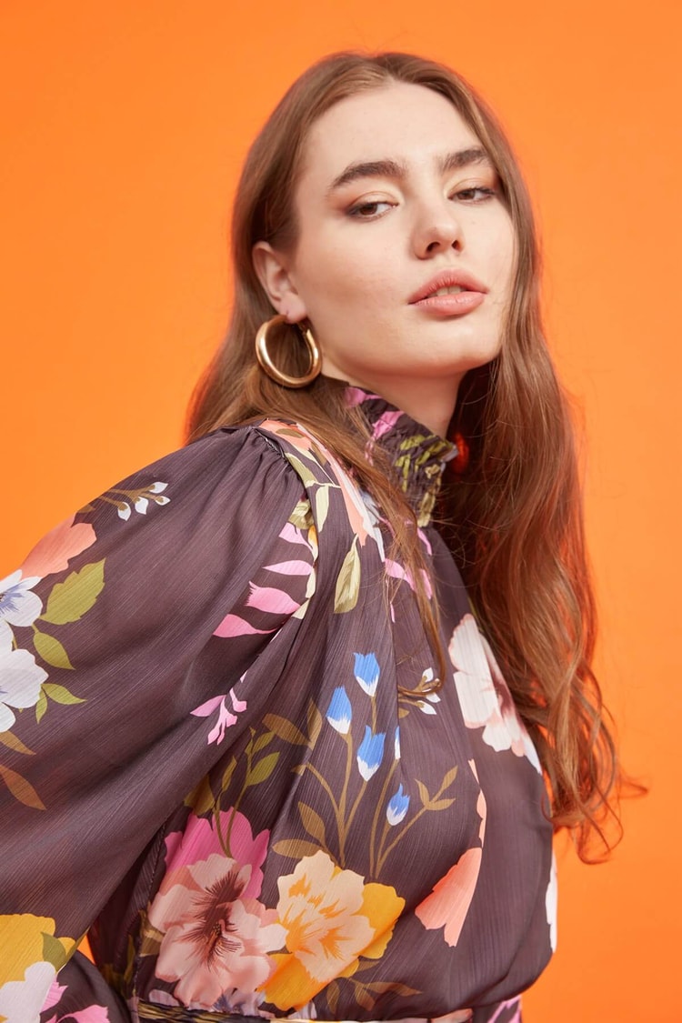 Kahverengi Floral Desen Vatkalı BluzST060S30586001