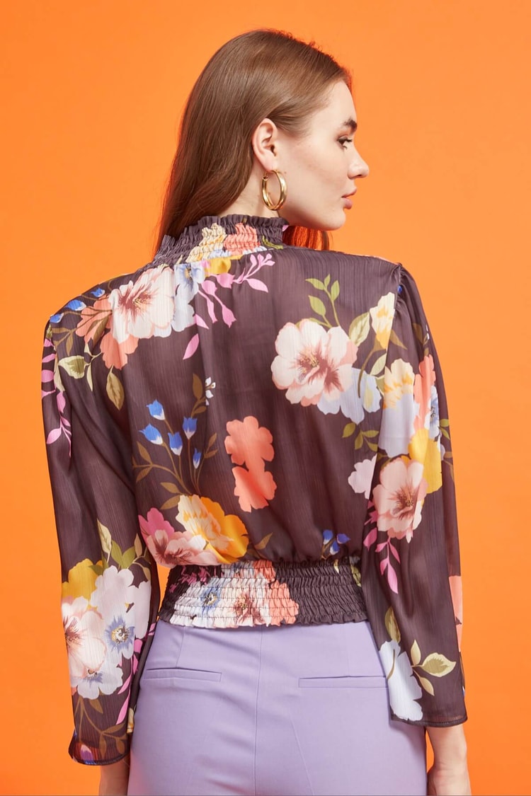 Kahverengi Floral Desen Vatkalı BluzST060S30586001