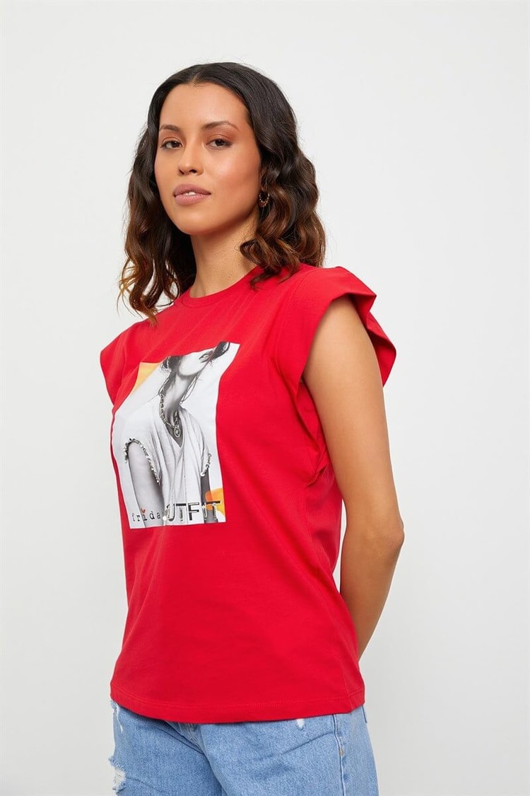 Kırmızı Baskılı Bisiklet Yaka T-ShirtST060S71160005