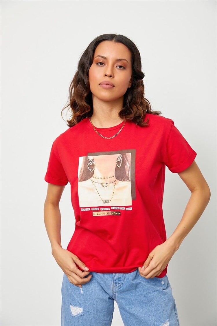 Kırmızı Baskılı Kısa Kol T-ShirtST060S71190015