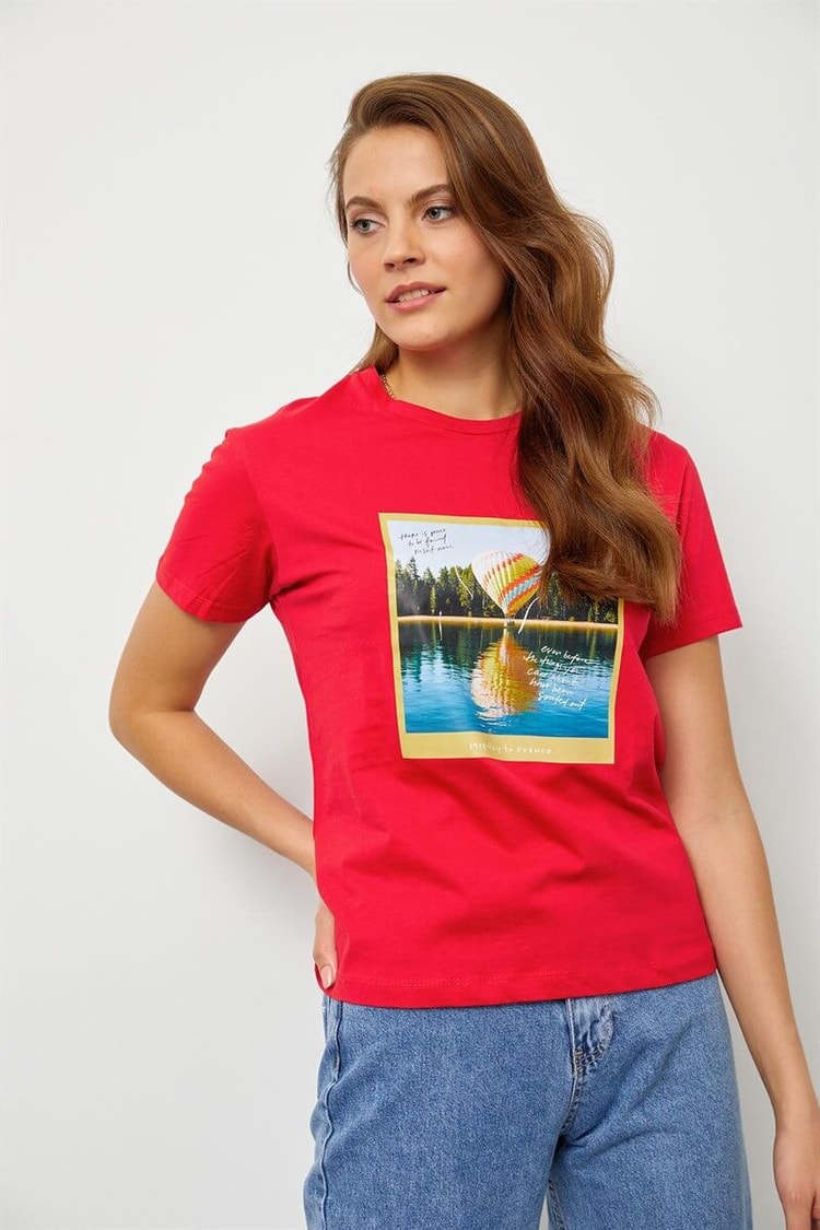 Kırmızı Baskılı Kısa Kol T-ShirtST060S71190004
