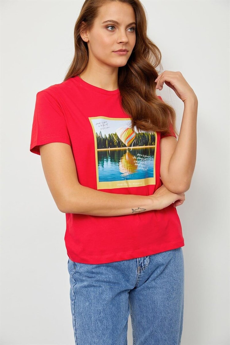 Kırmızı Baskılı Kısa Kol T-ShirtST060S71190004
