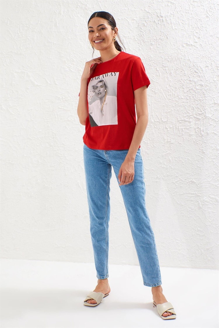 Kırmızı Bisiklet Yaka Kısa Kol Baskılı T-ShirtST050S7112101