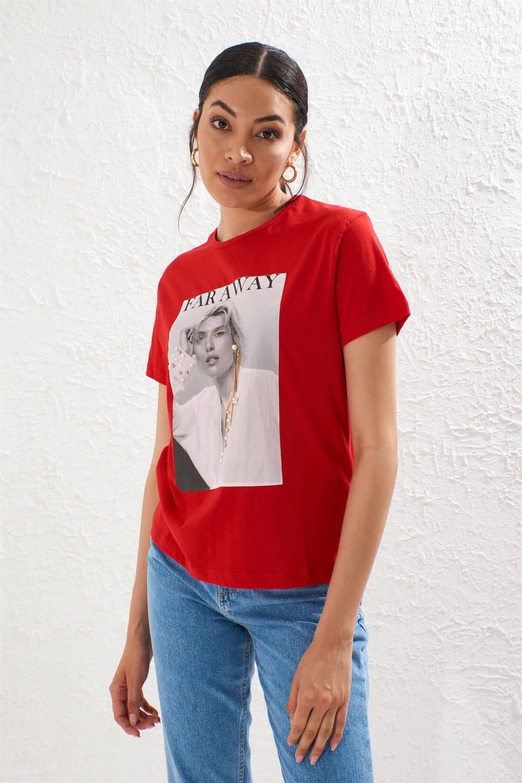 Kırmızı Bisiklet Yaka Kısa Kol Baskılı T-ShirtST050S7112101
