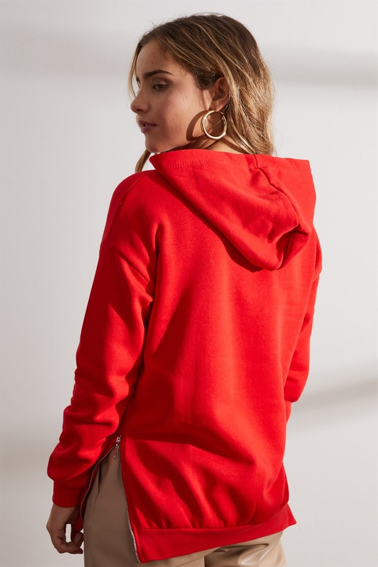 Kırmızı Kapüşonlu Baskılı SweatshirtST060W7208301