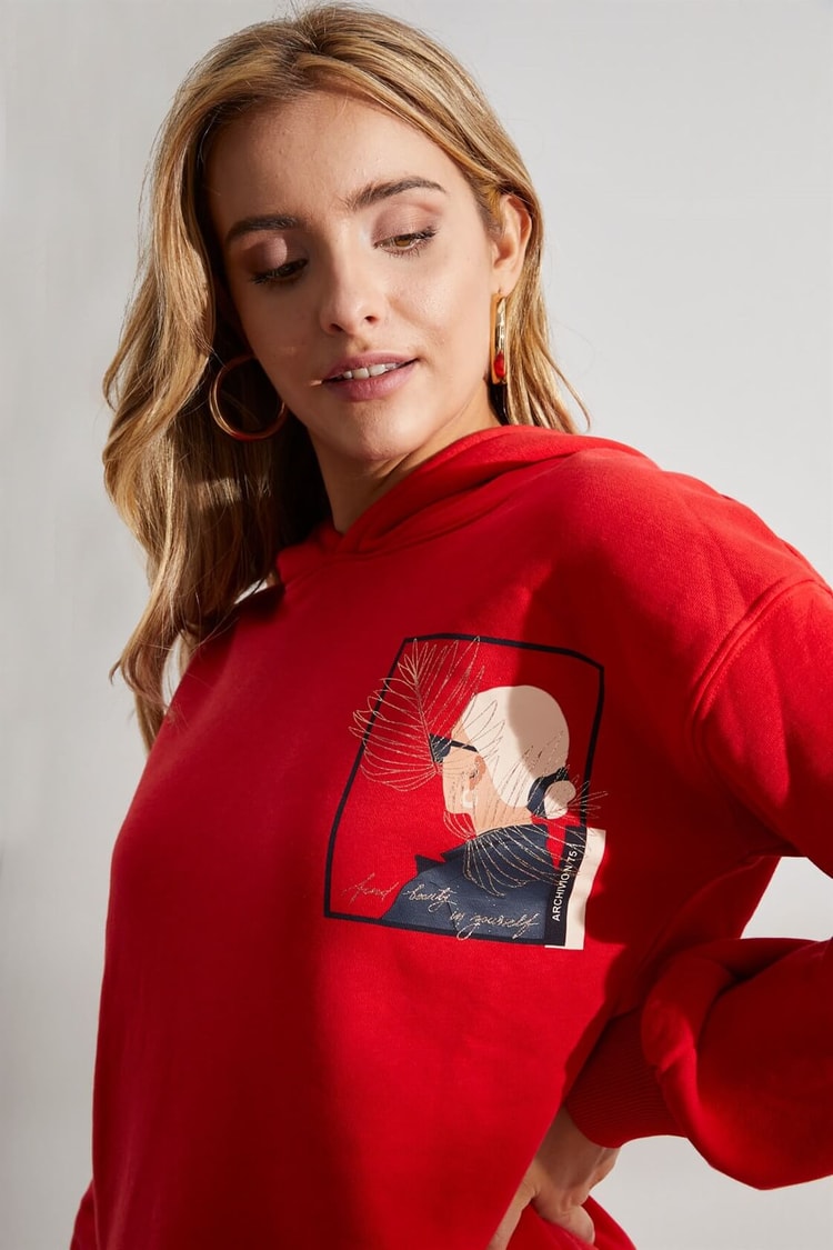 Kırmızı Kapüşonlu Uzun Kollu SweatshirtST060W7209301