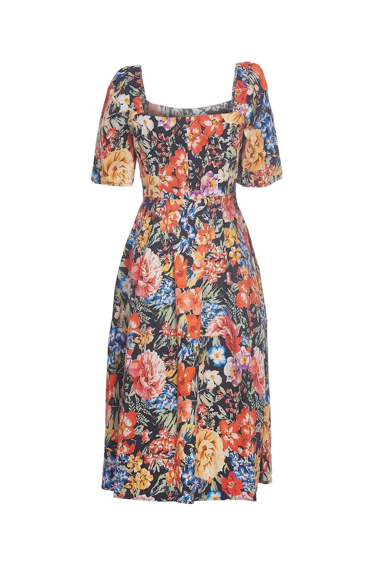 Kırmızı Kare Yaka Kuşaklı Diz Altı Midi Boy Floral Desen ElbiseST050S4071901