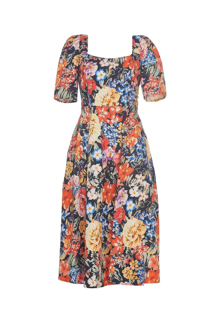 Kırmızı Kare Yaka Kuşaklı Diz Altı Midi Boy Floral Desen ElbiseST050S4071901