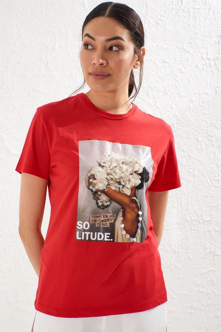 Kırmızı Kısa Kol Bisiklet Yaka Baskılı T-ShirtST050S7112803