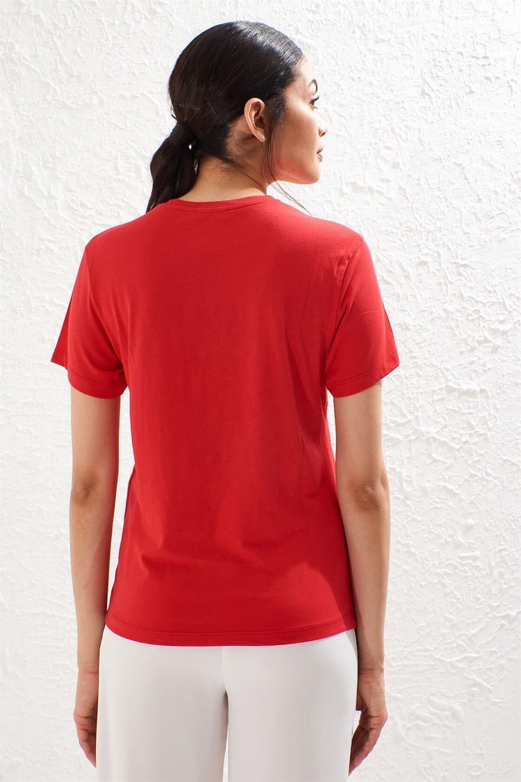 Kırmızı Kısa Kol Bisiklet Yaka Baskılı T-ShirtST050S7112803