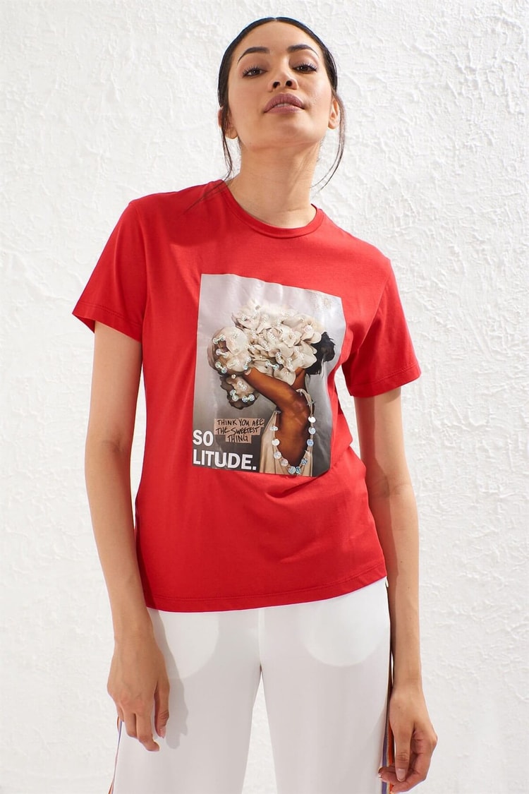 Kırmızı Kısa Kol Bisiklet Yaka Baskılı T-ShirtST050S7112803