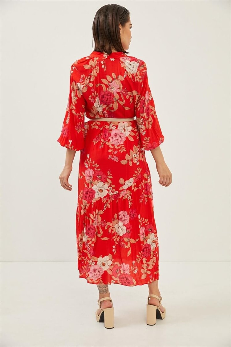 Kırmızı Rayon Viskon Kemerli Floral Desen ElbiseST060S40108801