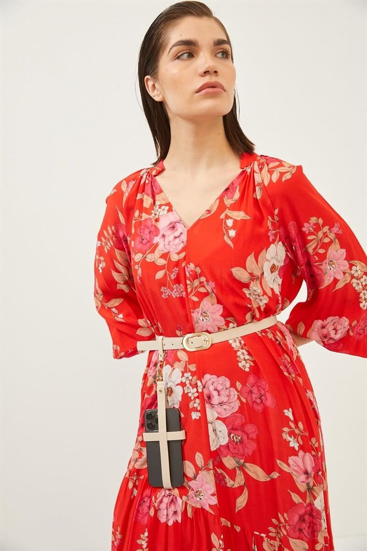 Kırmızı Rayon Viskon Kemerli Floral Desen ElbiseST060S40108801
