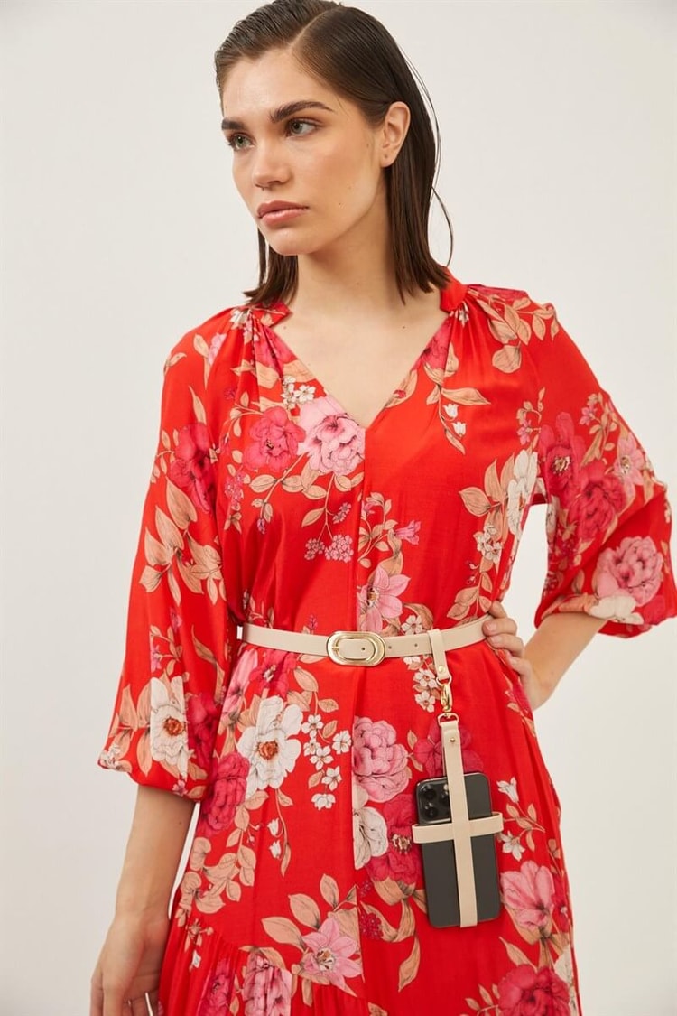 Kırmızı Rayon Viskon Kemerli Floral Desen ElbiseST060S40108801