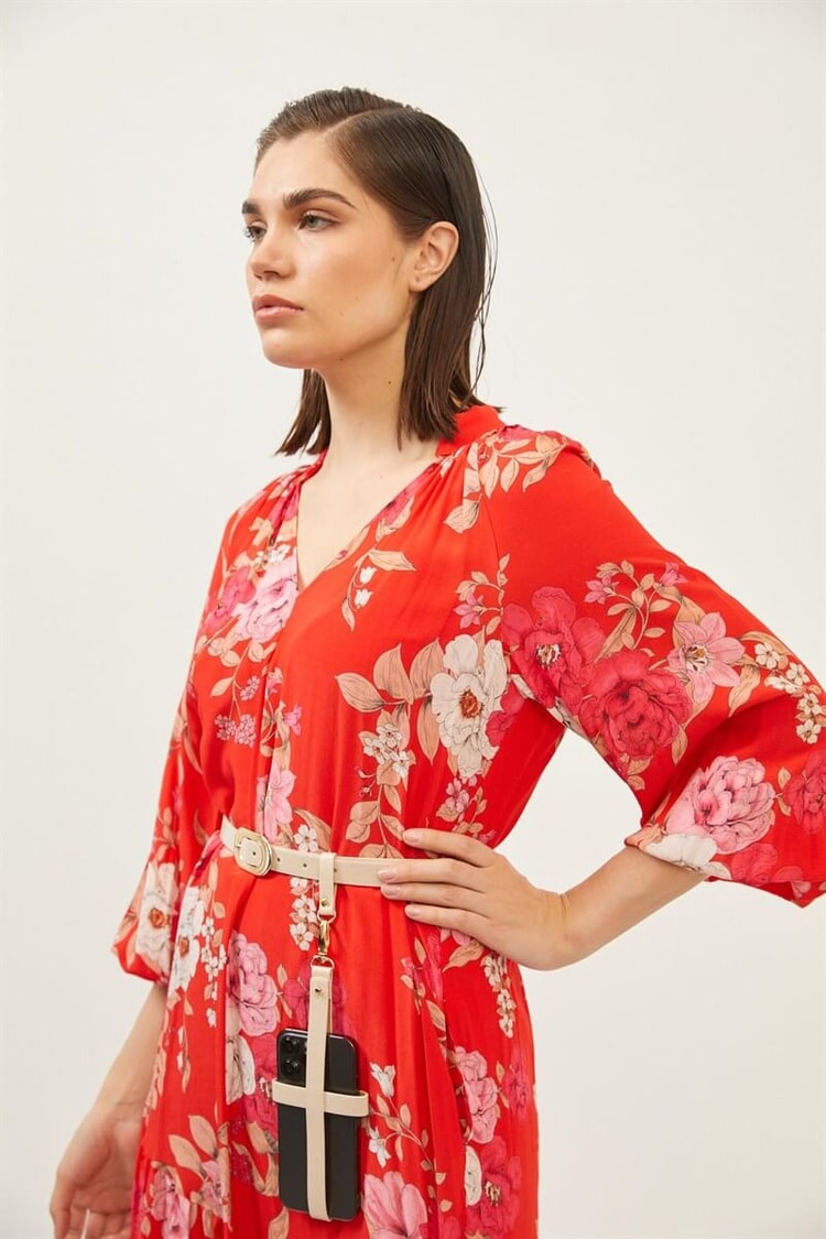Kırmızı Rayon Viskon Kemerli Floral Desen ElbiseST060S40108801