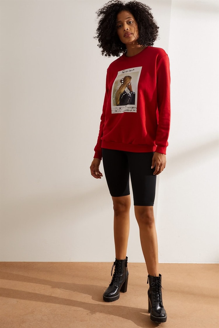 Kırmızı Slogan Yazılı SweatshirtST060W7207701