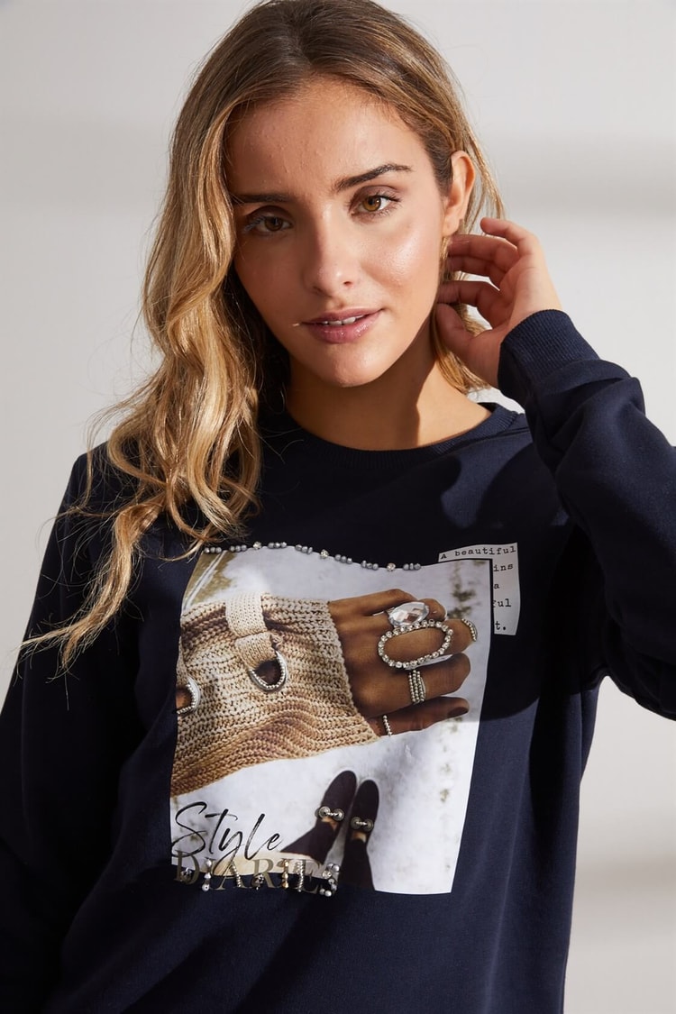 Lacivert Bisiklet Yaka Uzun Kol Baskılı SweatshirtST060W7209101
