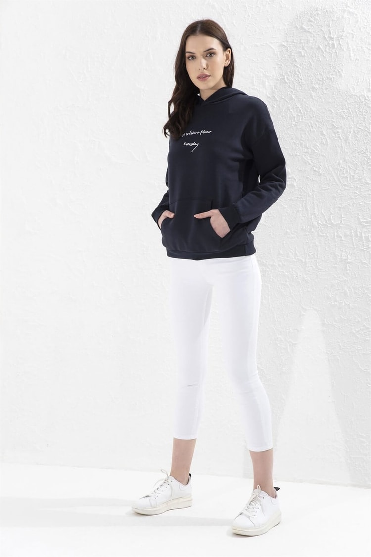 Lacivert Kapüşonlu Sloganlı Uzun Kol Celi S-ShirtST050W7203803