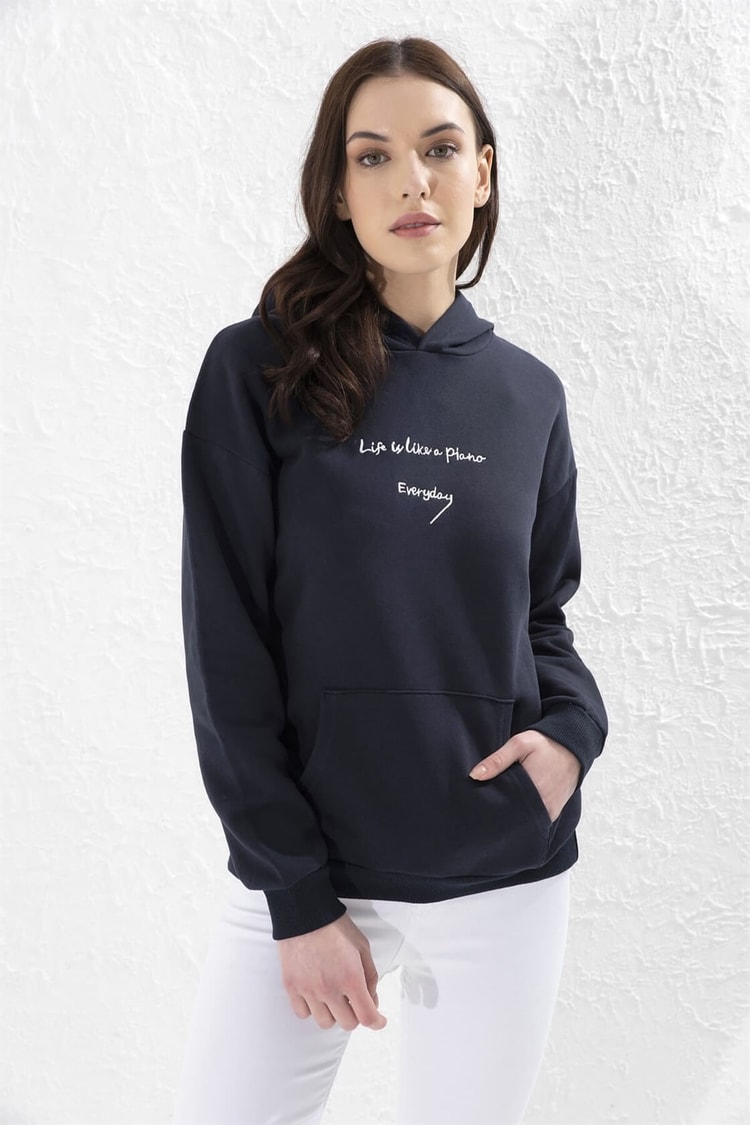 Lacivert Kapüşonlu Sloganlı Uzun Kol Celi S-ShirtST050W7203803