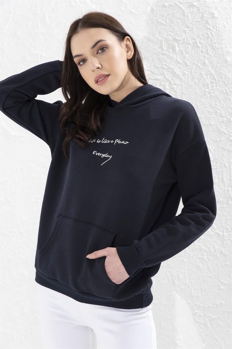 Lacivert Kapüşonlu Sloganlı Uzun Kol Celi S-ShirtST050W7203803