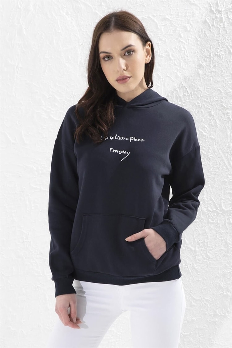 Lacivert Kapüşonlu Sloganlı Uzun Kol Celi S-ShirtST050W7203803