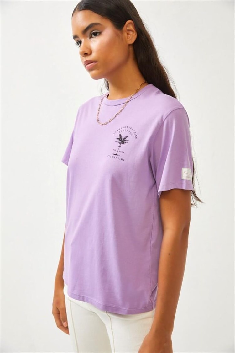 Lila Bisiklet Yaka Baskılı T-ShirtST060S71270001