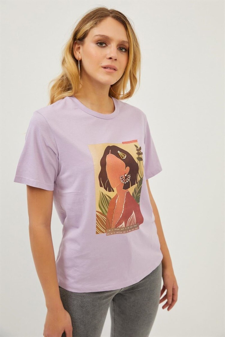 Lila Bisiklet Yaka Baskılı T-ShirtST070S71286001