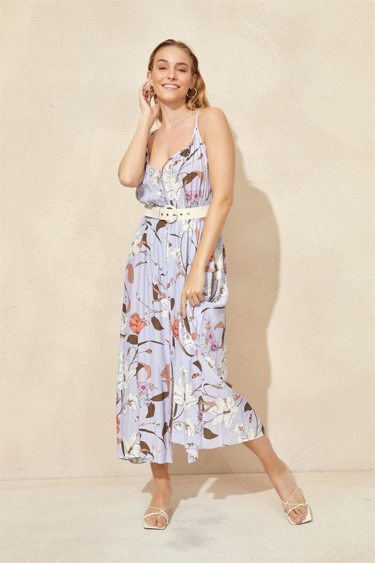 Lila Floral Desen Kemerli ElbiseST060W40121501