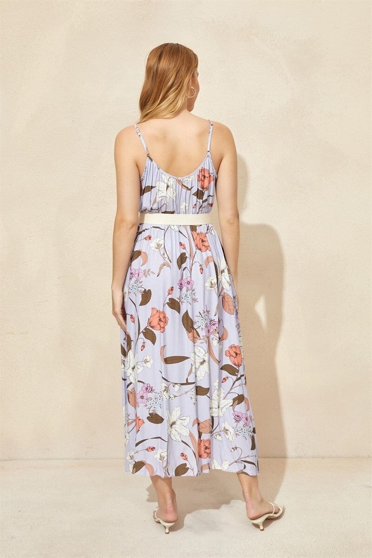 Lila Floral Desen Kemerli ElbiseST060W40121501