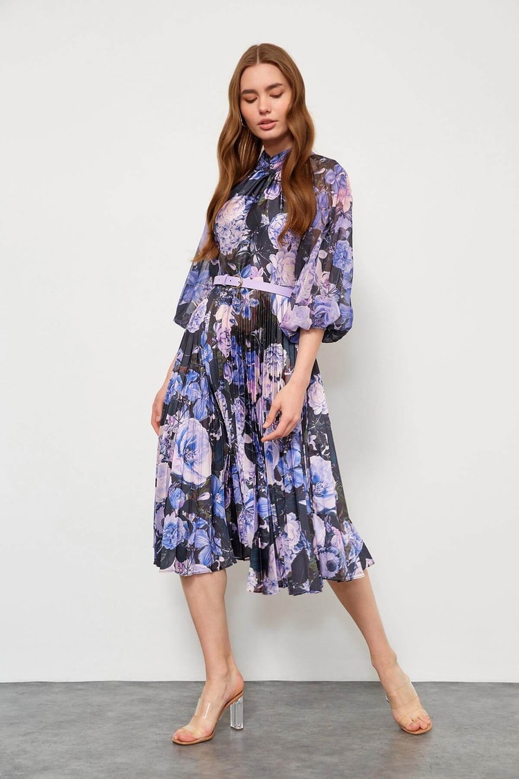 Lila Floral Desen Piliseli ElbiseST050W40375007