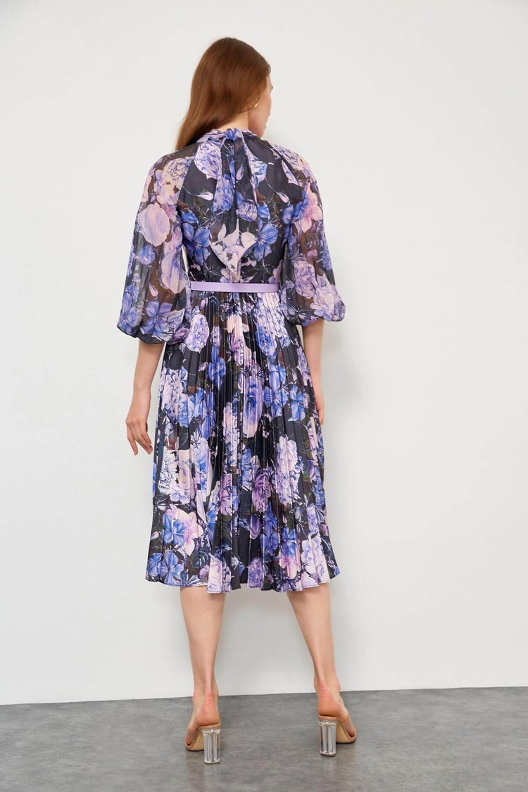 Lila Floral Desen Piliseli ElbiseST050W40375007