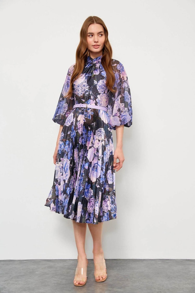 Lila Floral Desen Piliseli ElbiseST050W40375007