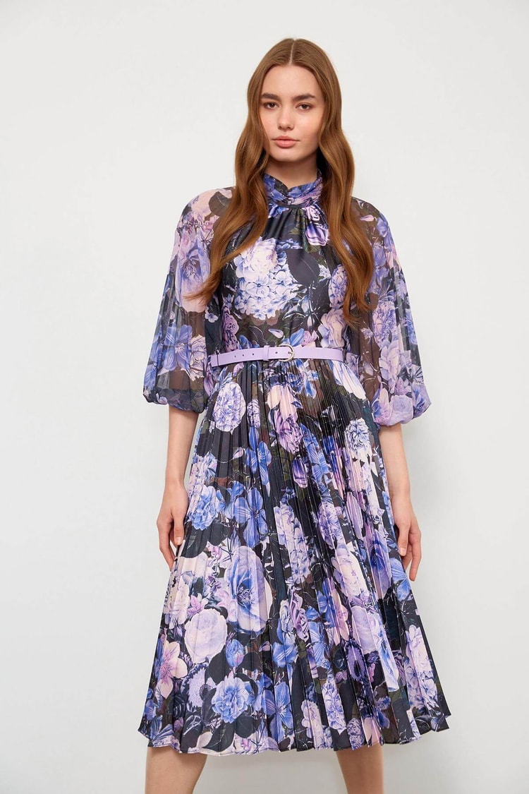 Lila Floral Desen Piliseli ElbiseST050W40375007